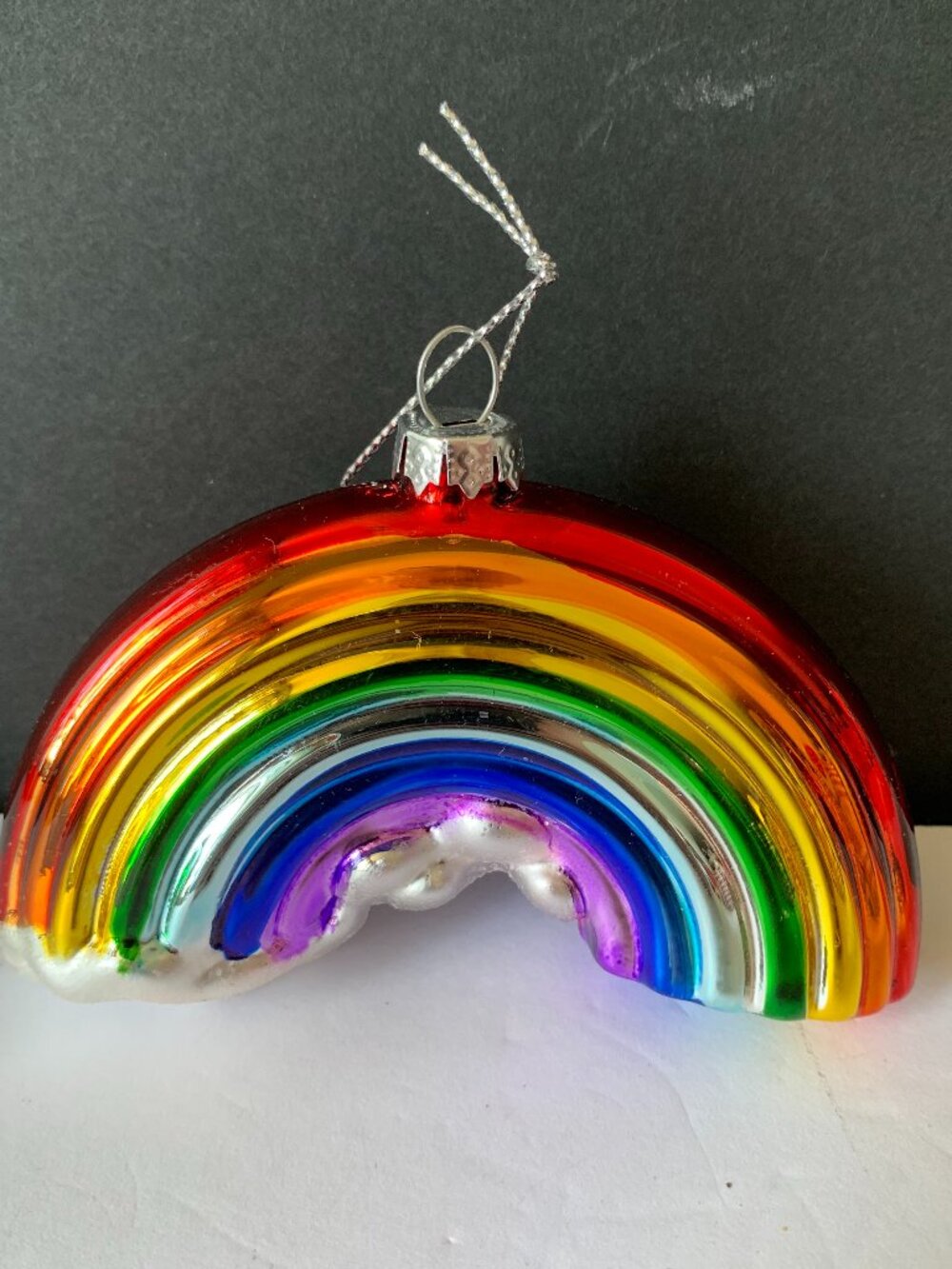 Unique Estate Find Bloomingdale's Glass Rainbow Christmas ornament  4" BY 2"